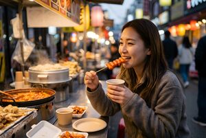 串に刺したトッポッキを食べる女性