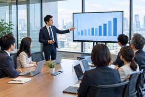 会議室の大型スクリーンの前で同僚にプレゼンする30代男性