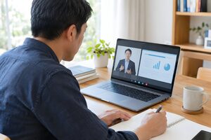 自宅のノートパソコンでウェビナーを受講する40代男性
