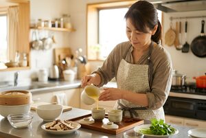 茶碗蒸しの卵液を注ぐ女性