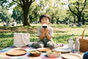 おにぎりを頬張る男の子