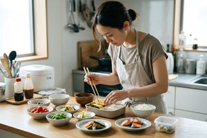朝のキッチンでお弁当を詰める女性