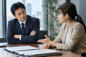 腕を組んで提案を検討する40代男性と説明する20代女性