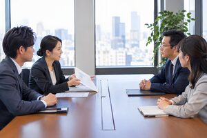 大きなテーブルで2対2で向かい合う商談の全景