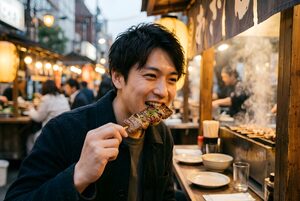 牛串を頬張る男性