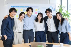 完成したプロジェクト計画の前で肩を組む6人のチーム
