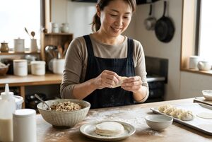餃子を包む女性