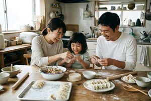 家族で餃子を包む食卓