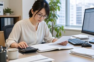 電卓で請求書を確認する30代の経理担当女性