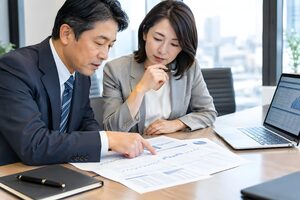 決算書の数字を指しながら確認する2人の財務担当