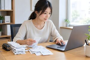 領収書を会計ソフトに入力する20代女性