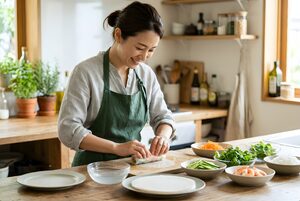 春巻きを巻く女性