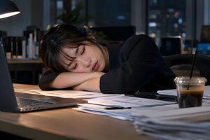 夜のデスクで書類の横に突っ伏して眠る20代女性
