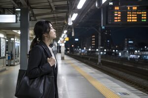 終電間際のホームで電光掲示板を見上げる30代女性