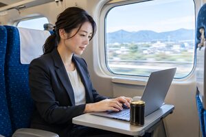 新幹線の座席でノートパソコンを開いて仕事をする30代女性