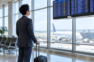空港の出発ゲートで案内板を確認する30代男性