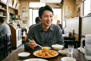 エビチリをごはんと食べる男性
