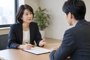 静かな会議室で評価面談をする40代の上司と30代の部下