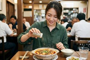 山椒をかける女性
