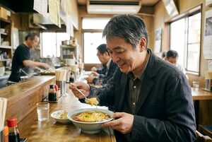 レトロな食堂で天津飯を食べる男性