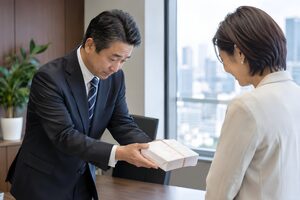 お詫びの菓子折りを両手で差し出す50代の管理職