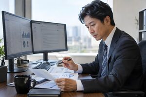 デュアルモニターのデスクで報告書を確認する40代男性