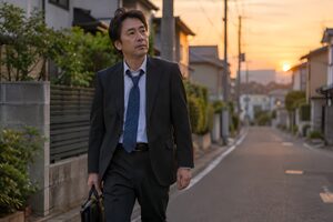 夕暮れの住宅街をカバンを持って帰宅する50代男性
