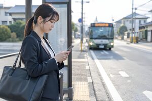 朝のバス停でスマートフォンを見ながらバスを待つ20代女性