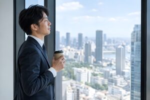 オフィスの窓辺で紙コップのコーヒーを手に一息つく30代男性