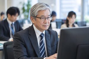 オフィスでパソコンに向かう白髪の60代男性社員