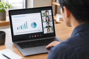 スライドを画面共有したオンライン会議のノートパソコン画面