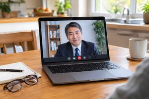 画面に映る50代の男性とのオンライン会議を参加者の視点で捉えた一枚