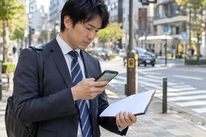 街角でスマートフォンの地図と訪問リストを確認する30代の営業マン