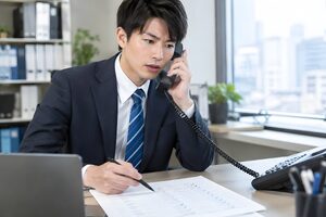 デスクで企業リストを見ながらテレアポをする20代の営業マン