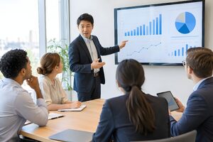 壁掛けスクリーンの売上データを示して説明する40代男性