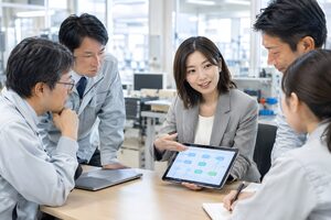 タブレットの業務フロー図を囲んでDXの説明を受ける社員たち