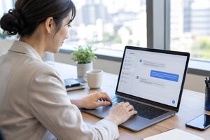 ノートパソコンのAIチャット画面に指示を入力する30代女性