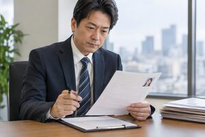 写真付きの履歴書に目を通す40代の採用担当者