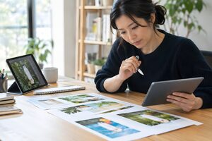 紙とタブレットで広告クリエイティブの案を見比べる30代女性
