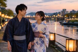 夕暮れの川沿いを浴衣で歩く若い男女