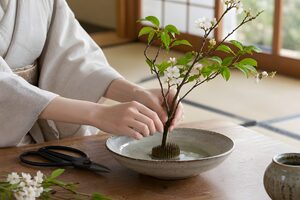 剣山に枝を生ける手元のクローズアップ