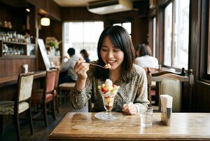 パフェをすくって笑顔の女性
