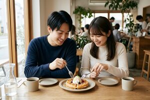 ワッフルを分け合うカップル