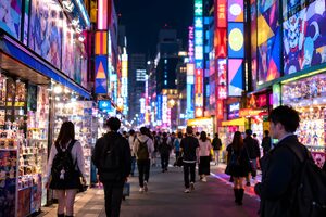 夜のネオンが輝くサブカルチャーの街を歩く若者たち