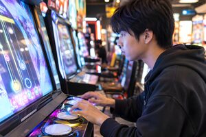 ゲームセンターでリズムゲームを遊ぶ20代男性