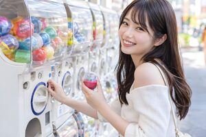 カプセルトイの機械を回して喜ぶ20代女性