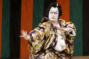 定式幕を背景に見得を切る歌舞伎役者