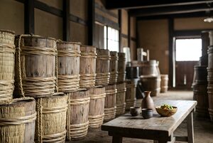 酒蔵に積まれた樽