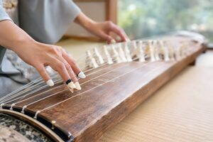 爪をつけた指で琴の弦を弾く手元