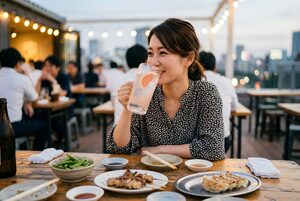 ビアガーデンでサワーを飲む女性